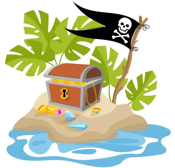 Vector illustration of Pirate adventure. Pirate flag and treasure chest on the island. Pirates party kids adventure.