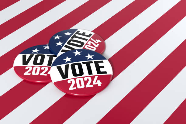 istock Vote 2024 campaign button with the USA flag - 3d Rendering 1737091689