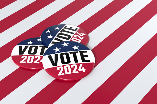 Vote 2024 campaign button with the USA flag - 3d Rendering