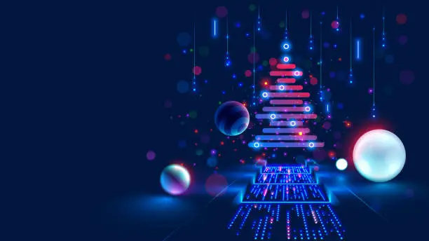 Vector illustration of Christmas poster with christmas tree in electronic technology style. New year, merry christmas congratulations card in computer tech design. Template Christmas cards in style of digital technology.