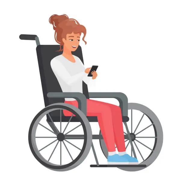 Vector illustration of Woman in wheelchair using smartphone