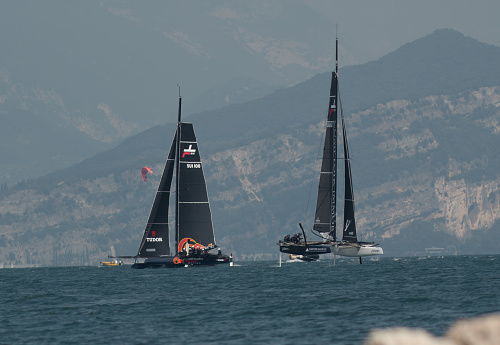 TF35 class catamaran of the Ylliam XII team - Comptoir Immobilier and Alinghi Red Bull Racing taking part in the Malcesine Cup 09/2023. Malcesine, Italy.