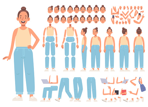 Woman character constructor. A set of positions and views of the body, arms and legs, emotions for animation. Vector illustration in flat style