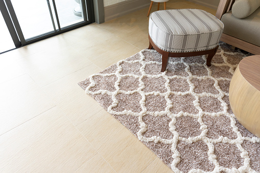 Living room with couches, chairs and an area rug.