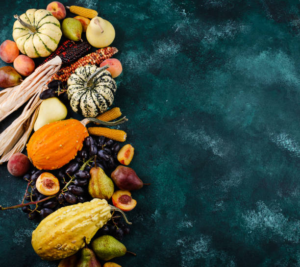 istock Assortment of autumn fruit. Pear, peach, grapes 1737097082