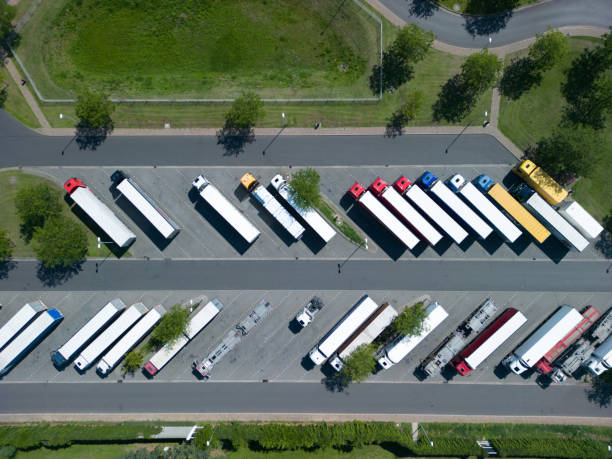 istock aerial drone view of parking with trucks and trailers 1737097664