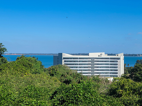 High angle view of BCI the new modern HQ (Sede) Headquarters building located in the downtown of Maputo, a banking and financial services provider