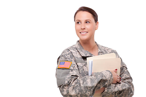 istock Female soldier with folder looking away 173710541