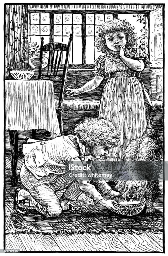 Викторианский детей грудью, собаки - Стоковые иллюстрации Гравировка роялти-фри
