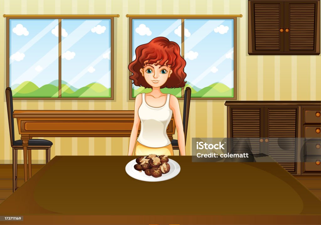 Sexy girl standing in front of a una mesa con alimentos - arte vectorial de Adolescente libre de derechos