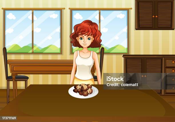 Ilustración de Sexy Girl Standing In Front Of A Una Mesa Con Alimentos y más Vectores Libres de Derechos de Adolescente