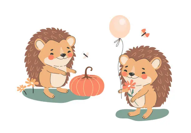 Vector illustration of Cute hedgehog with balloon and pumpkins. Vector illustration.