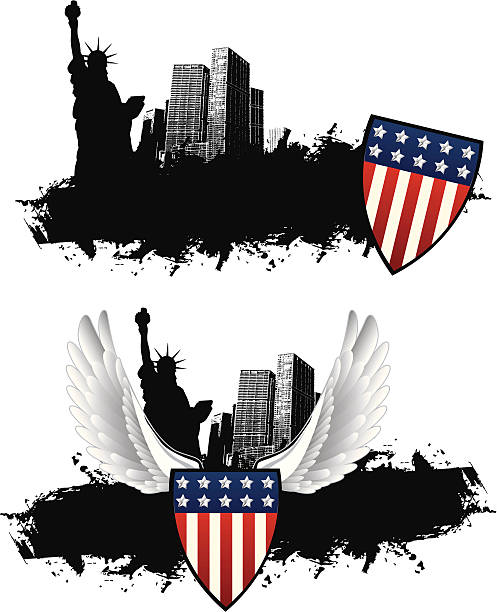 New York Banner with American Shield New York Banner with American Shield statue of liberty replica stock illustrations