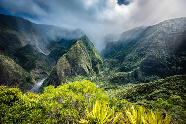 istock Mystical green overgrown mountain formations with beautiful valleys and natural riverbeds, photographed from the hiking trail. Grand bassin waterfall, Reunion Island, France, Europe. 1737143695