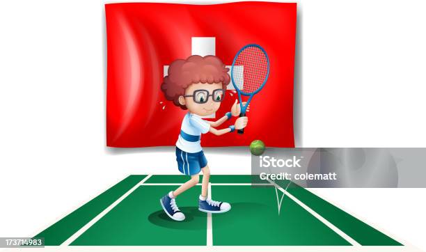 Junge Spielt Tennis Vor Der Schweiz Flagge Stock Vektor Art und mehr Bilder von Am Rand - Am Rand, Athlet, Auf und ab springen