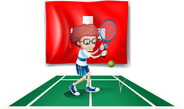 illustrazioni stock, clip art, cartoni animati e icone di tendenza di ragazzo giocare a tennis in posa davanti alla bandiera della svizzera - people in the background swiss culture swiss flag switzerland