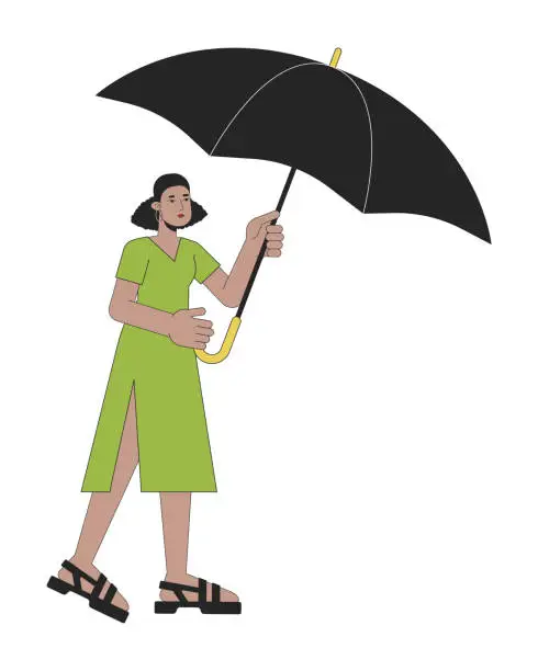 Vector illustration of Cute woman holding opened umbrella flat line color vector character