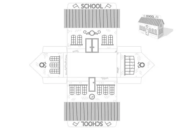 Vector illustration of Toy School house print die cut template. Simple style, fast and easy to fold. Coloring book. Vector