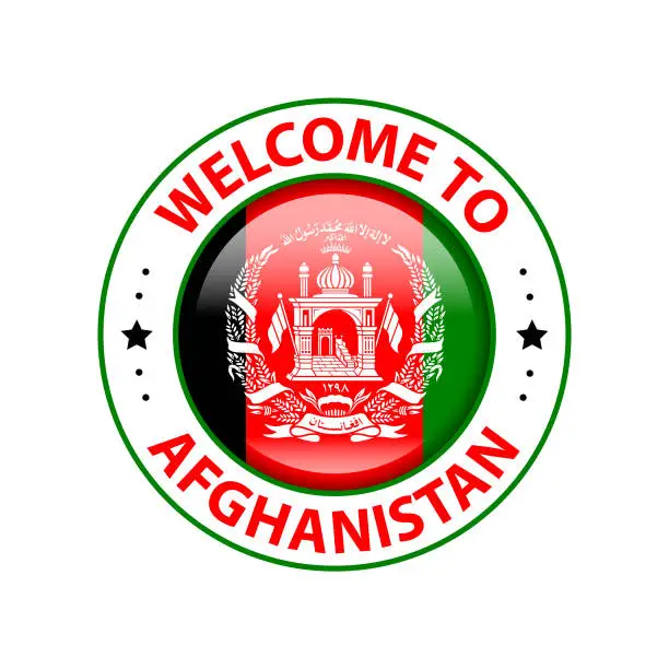 Vector illustration of Vector Stamp. Welcome to Afghanistan. Glossy Icon with National Flag
