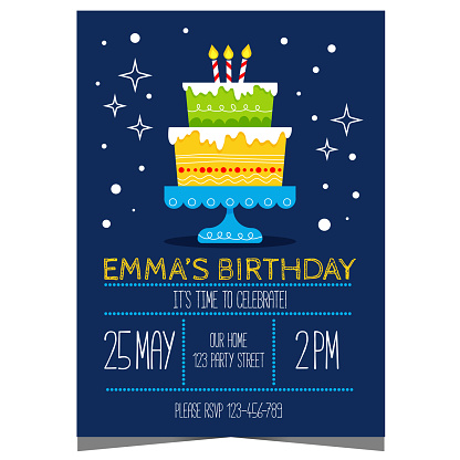 Kids birthday party invitation with big cake and candles on the background. Children's anniversary event card with big cupcake to invite boys and girls to celebrate together in a friendly atmosphere.