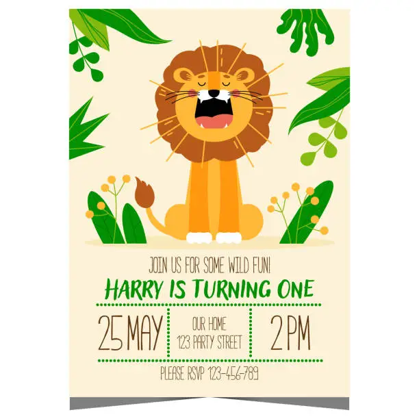 Vector illustration of Children's birthday safari party invitation card with a cartoon lion.