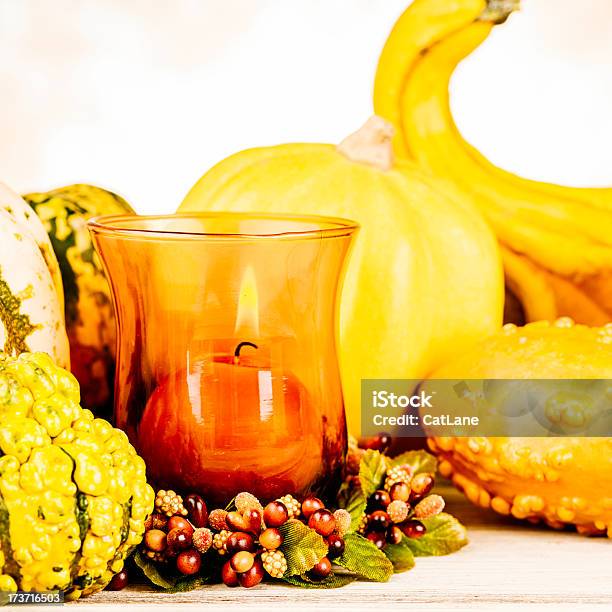 Rustikale Thanksgivingarrangement Mit Kerze Stockfoto und mehr Bilder von Acorn-Kürbis - Acorn-Kürbis, Bunt - Farbton, Dekoration