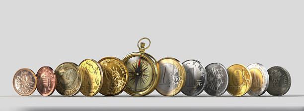 Worldwide Coins line up with Compass One dollar coin from 11 countries ( Canada, Uk, New Zealand, Australia, USA, Euro, China, Japan, Russia, Thailand & India) put together with a compass in the middle allocate stock pictures, royalty-free photos & images