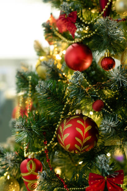 istock Red baubles and decorations on christmas tree for background. New Year concept. 1737172878