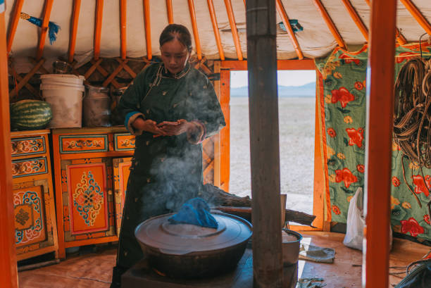 istock Mongolian nomad woman preparing traditional milk tea for guest inside Ger 1737179486