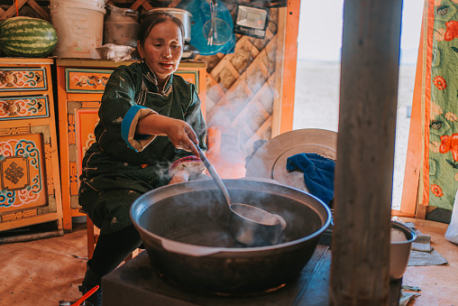Mongolian nomad woman preparing traditional milk tea for guest inside Ger