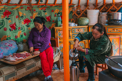 Mongolian Nomad women preparing food in yurt for guests
