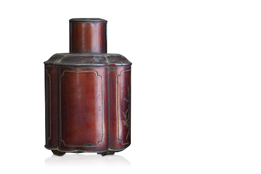 front view antique red and brown water bottle on white background, object, antique, ancient, retro,  copy space