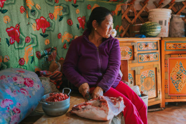 istock Mongolian woman cutting lamb meat preparing buuz 1737180058