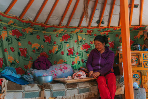 istock Mongolian woman cutting lamb meat preparing buuz 1737180068