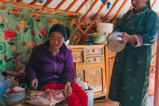 istock Mongolian woman cutting lamb meat preparing buuz 1737180092