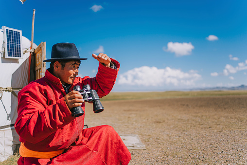 Mongolian nomadic man grazing watching flock of sheeps with binoculars