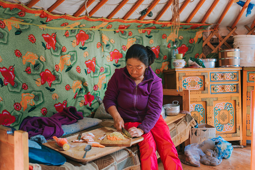 Mongolian woman cutting lamb meat carrot preparing buuz