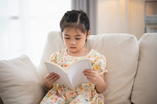 Joyful happy asian child baby girl smiling and reading book while sitting on couch sofa in living room at home. Girl relex reading book smile at sofa In the house. Back to school concept.