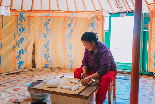 Mongolian woman making Buuz, traditional food dumpling in yurt
