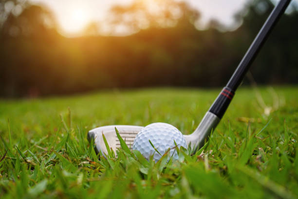 istock Golf ball and golf club in beautiful golf course at sunset background. 1737185179
