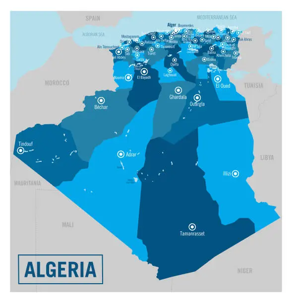 Vector illustration of Algeria Africa country political administrative map. Detailed vector illustration with isolated states, regions, cities and all provinces easy to ungroup.