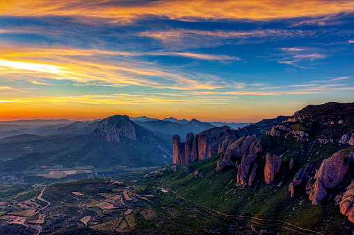 Mallos de Riglos rocks at sunset, Huesca province, Aragon, Spain.