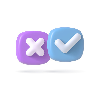 Vector Render 3d of round Right Check Mark and Cross Icon. Approvement icon or emblem. Vector illustration