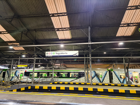 Yogyakarta, Indonesia - 25 September 2023: The sleek and modern Airport Express train stands ready for departure from Yogyakarta Station, embarking on a journey to the state-of-the-art Yogyakarta International Airport in Kulon Progo