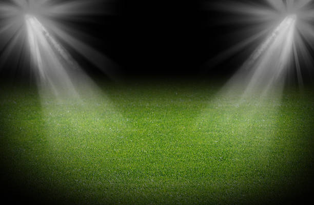 istock Green soccer field, bright spotlights, illuminated stadium 173721554