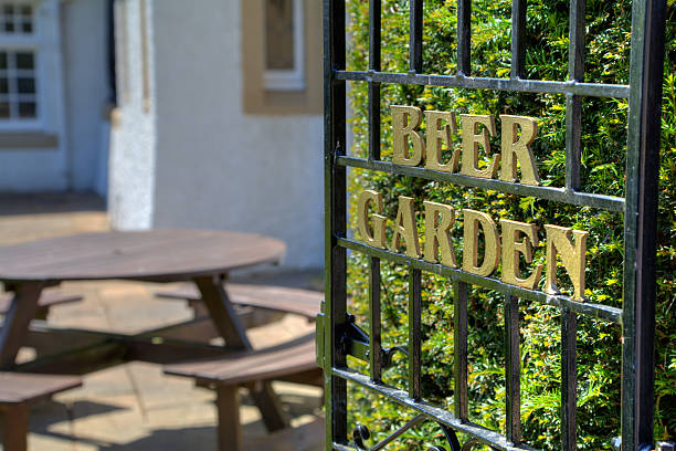 Sign on the gate leading to the beer garden in a British pub