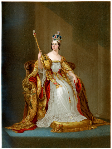 Vintage colour lithograph of Queen Victoria in 1837 the year of her Coronation