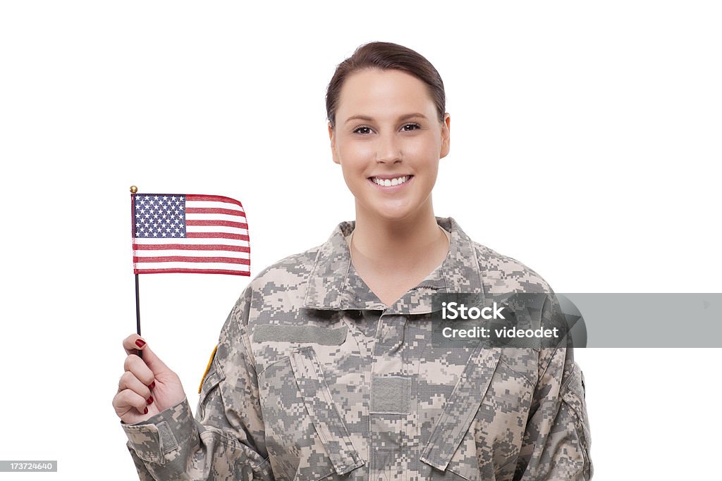 Feminino soldado com bandeira americana - Foto de stock de Mulheres royalty-free