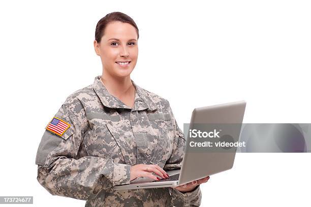 Portrait Of A Female Soldier Using Laptop Stock Photo - Download Image Now - Veteran, Laptop, Military