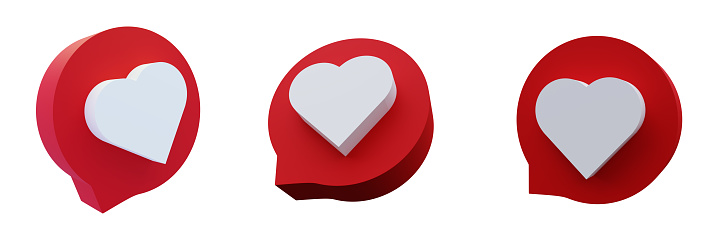 Social Media Like icon on different angle. Like icon on isolated background 3d rendering. Like notification 3d render. Red heart like.